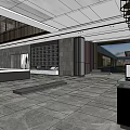 Modern Sales Office Interior Featuring Glass Roof Wooden Screens And Stone Flooring With Seating