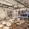 Modern Café Interior With Hanging Lights Wooden Partitions Green Plants Tables And Chairs