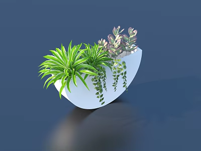 Bonsai Potted Plants in White Semi Circular Pot with Green Purple Leaves and Hanging Vines 3d model