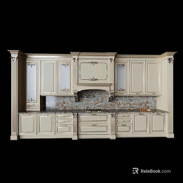 Classical Style Kitchen Cabinets With Carved Details Columns And Marble Countertop 3d model 