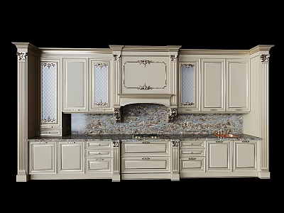 Classical Style Kitchen Cabinets With Carved Details Columns And Marble Countertop 3d model