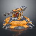 Futuristic Mechanical Turret With Yellow And Gray Metal Structure And Circular Base