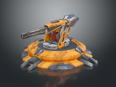 Futuristic Mechanical Turret With Yellow And Gray Metal Structure And Circular Base 3d model