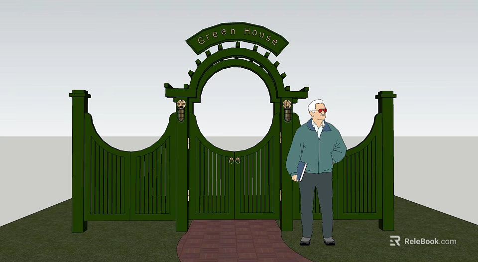 Greyst House Green Arched Main Entrance Gate With Decorative Pillars And Brick Path 3d model 