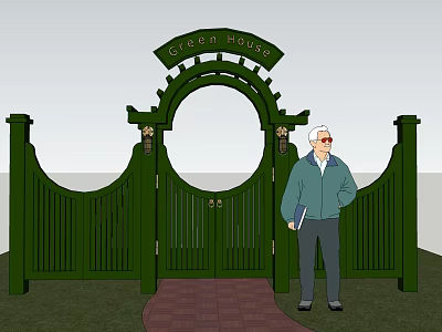 Greyst House Green Arched Main Entrance Gate With Decorative Pillars And Brick Path 3d model
