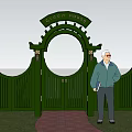 Greyst House Green Arched Main Entrance Gate With Decorative Pillars And Brick Path