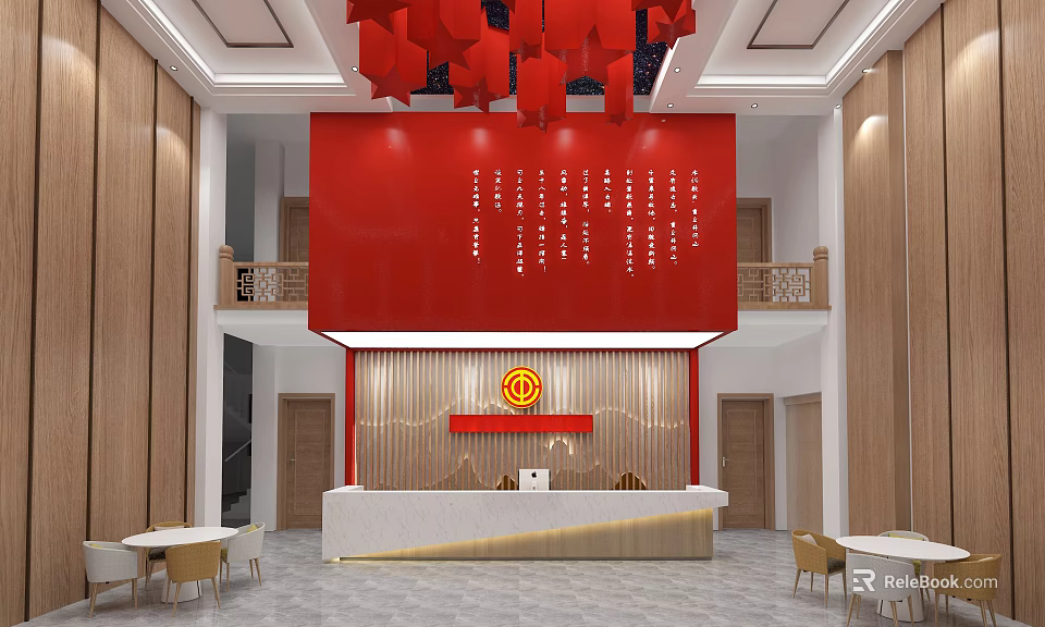 Modern Service Hall Interior With Red Decorative Elements Wooden Walls And Reception Desk 3d model 