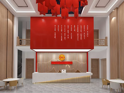 Modern Service Hall Interior With Red Decorative Elements Wooden Walls And Reception Desk 3d model