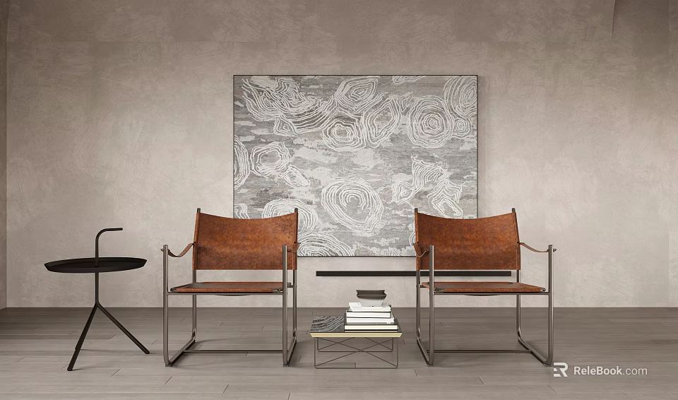 Brown Leather Chairs And Small Coffee Table Against Patterned Painting On Wooden Floor 3d model 