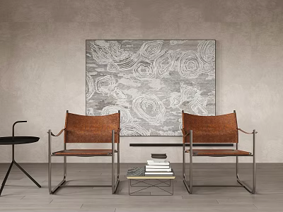 Brown Leather Chairs And Small Coffee Table Against Patterned Painting On Wooden Floor 3d model