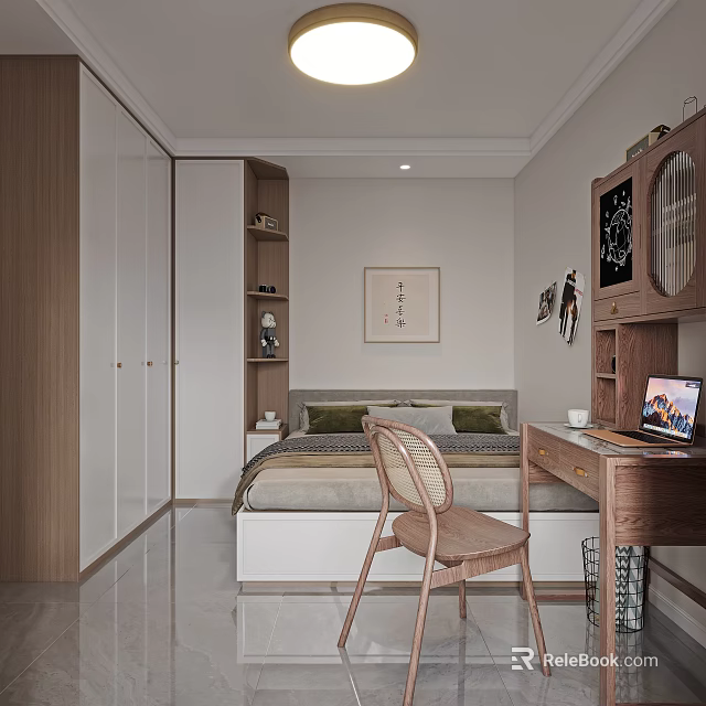 Modern Minimalist Bedroom Interior Design With Wooden Wardrobe Bed Desk And Wall Artwork 3d model 