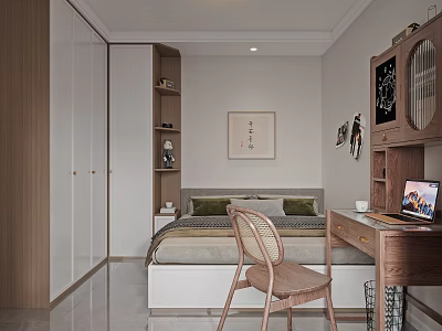 Modern Minimalist Bedroom Interior Design With Wooden Wardrobe Bed Desk And Wall Artwork 3d model