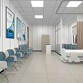 Hospital Waiting Area With Blue Chairs White Walls And Medical Posters