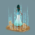 Egyptian Goddess Figure In Traditional Attire With Blue Hieroglyphics And Stone Blocks