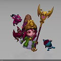 Pink Haired Character With Golden Headdress Holding Golden Staff And Purple Horned Blue Creatures