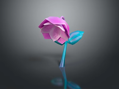 Artistic Origami Flower With Pink Petals Blue Leaf And Stem On Reflective Surface 3d model