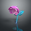 Artistic Origami Flower With Pink Petals Blue Leaf And Stem On Reflective Surface