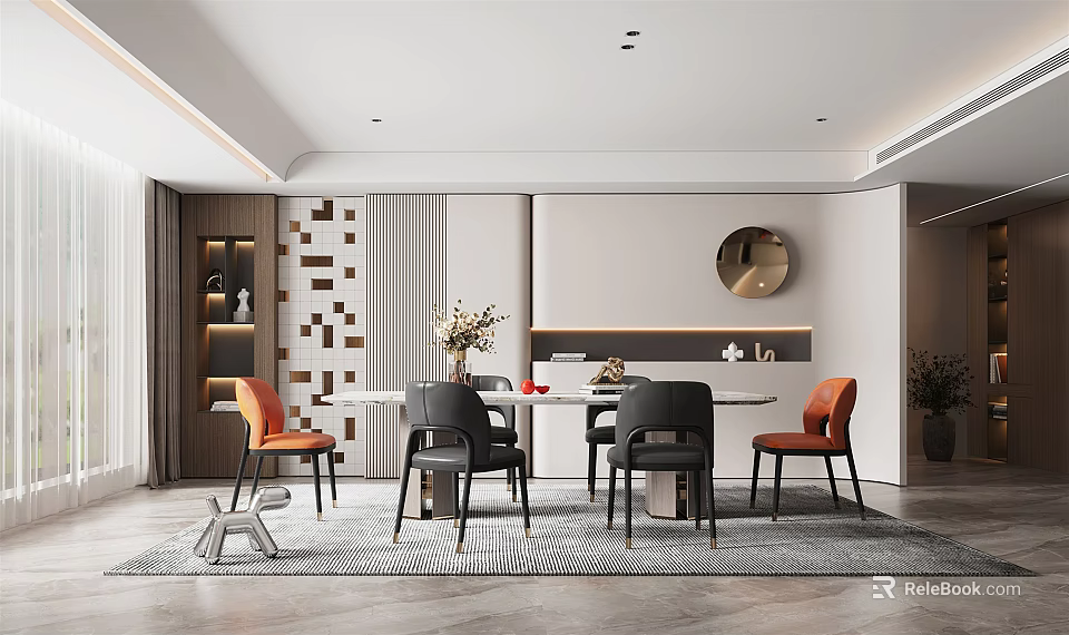 Modern Restaurant Interior With Dining Table Orange Black Chairs Decorative Wall Round Mirror 3d model 