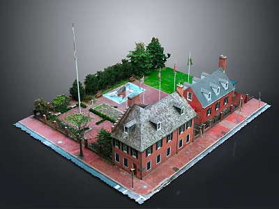 Modern Courtyard Scene With Red Brick Buildings Gray Roofs Green Lawn Fountain And Flags 3d model