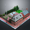 Modern Courtyard Scene With Red Brick Buildings Gray Roofs Green Lawn Fountain And Flags