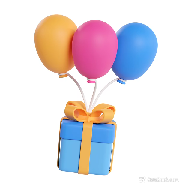 Blue Gift Box With Yellow Ribbon Bow And Yellow Pink Blue Balloons 3d model 