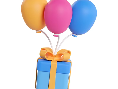 Blue Gift Box With Yellow Ribbon Bow And Yellow Pink Blue Balloons 3d model