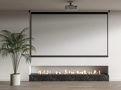 Projection Monitoring System With Projector Large Screen Fireplace And Plant In Indoor Setting 3d model