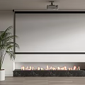 Projection Monitoring System With Projector Large Screen Fireplace And Plant In Indoor Setting