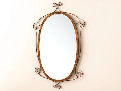Decorative Ornament Set Featuring Oval Mirror With Wooden Frame And Metal Scrollwork 3d model