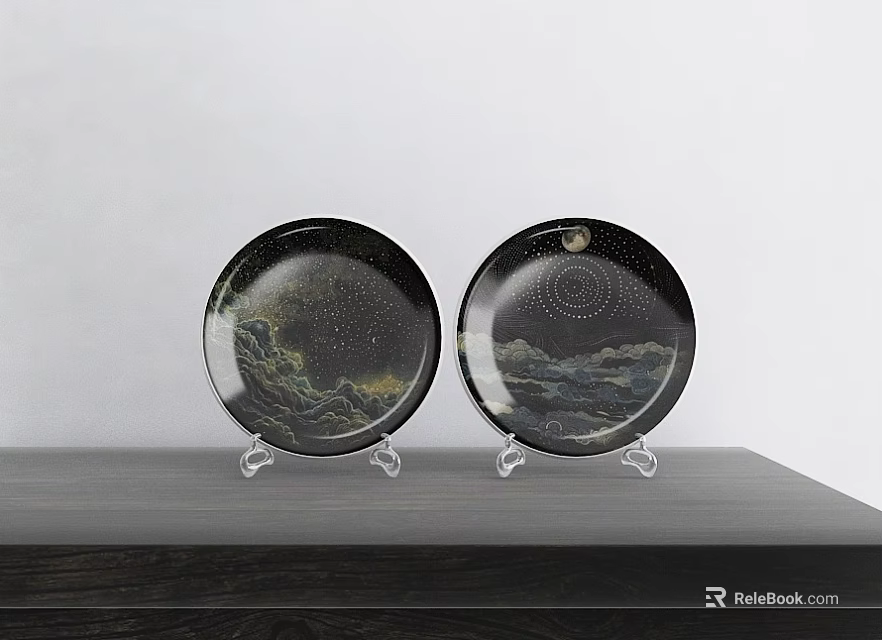 Black Round Ceramic Plates With Mountain And Starry Sky Patterns On Transparent Stands 3d model 