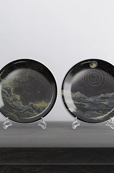Black Round Ceramic Plates With Mountain And Starry Sky Patterns On Transparent Stands 3d model