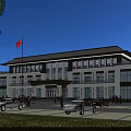Modern Office Building With Dark Roof White Walls National Flag Cars And Pedestrians In Front