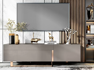 Elegant Modern TV Stand With Golden Decor Vase Books And TV In Living Room 3d model