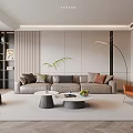 Modern Living Room Interior With Beige Sofa Coffee Tables Floor Lamp And Bookshelves
