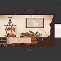 Traditional Rustic Indoor Scene With Brick Oven Hanging Meat Cooking Utensils and Food on Table
