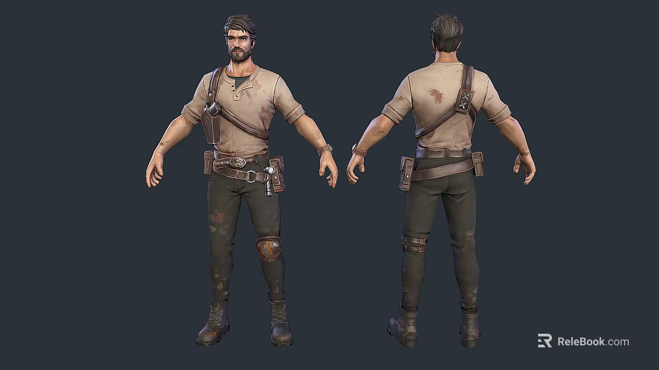 Detailed Man Model in Worn Outfit with Shoulder Strap Knee Pads Boots Front Back Views 3d model 