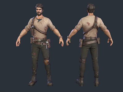 Detailed Man Model in Worn Outfit with Shoulder Strap Knee Pads Boots Front Back Views 3d model