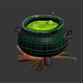 Witch Cauldron With Green Bubbling Liquid Burning Logs And Flames 3d model