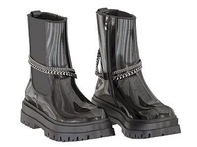 Stylish Black Platform Boots Featuring Chain Straps And Zipper Detail 3d model