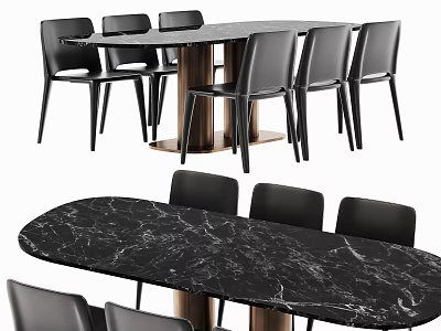 Modern Dining Table Set With Black Marble Tabletop Metal Legs And Black Chairs 3d model