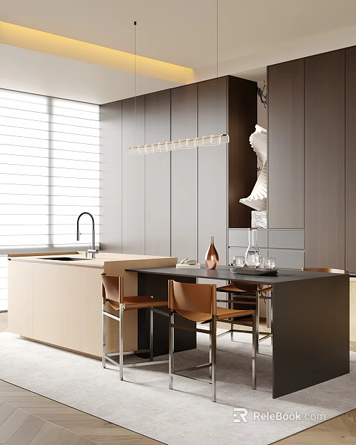 Modern Open Restaurant Interior Design With Bar Counter Seating And Lighting 3d model