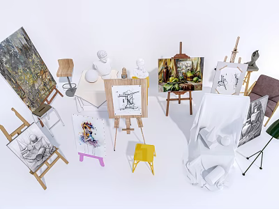 Modern easel frame painting material tripod studio still life 3d model