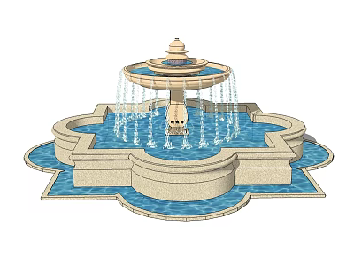Multi Tiered Decorative Stone Fountain With Circular Base And Water Sprays 3d model