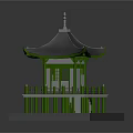 Traditional Asian Pavilion Architecture With Black Roof Green Pillars And White Railings