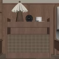 Wooden Bedside Table With Grid Design Lamp Clock And Cup Next To Bed