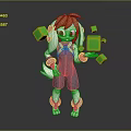 Game Movie Character Orange Haired Green Eyed In Blue Gray Overalls With Floating Green Cubes