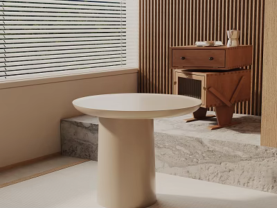 Modern Side Table With Beige Cylindrical Base And White Round Top By Window Near Wooden Furniture 3d model