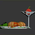 Colorful Tableware Including White Plate With Spring Rolls French Fries Tomato Slices And Pink Goblet