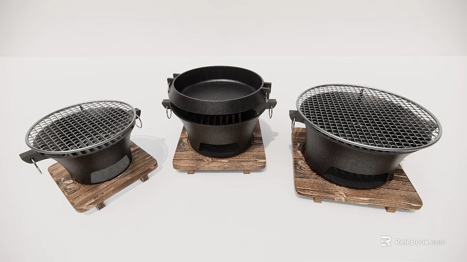Three Cast Iron Kitchen Appliances With Wooden Base And Mesh Grills For Home Cooking 3d model 