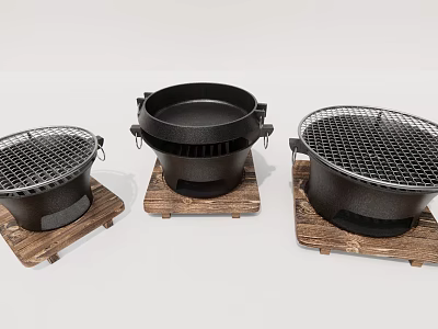 Three Cast Iron Kitchen Appliances With Wooden Base And Mesh Grills For Home Cooking 3d model